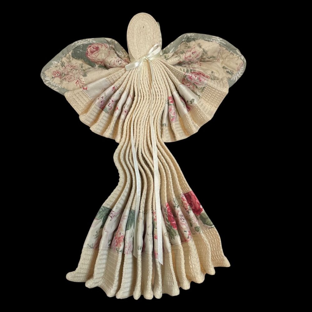 Handcrafted Angel Kitchen Towel Decorative Wall Hanging Beige & Floral Vintage S